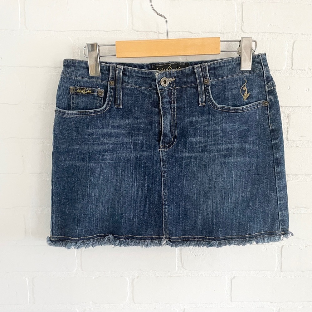 Baby Phat Y2K Denim Micro Mini Skirt Low Rise McBling Logo Embroidered S - Picture 2 of 15